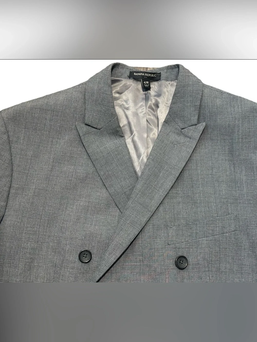Banana Republic Men's 42R Gray Glen Plaid Double Breasted Slim Top Suit Jacket